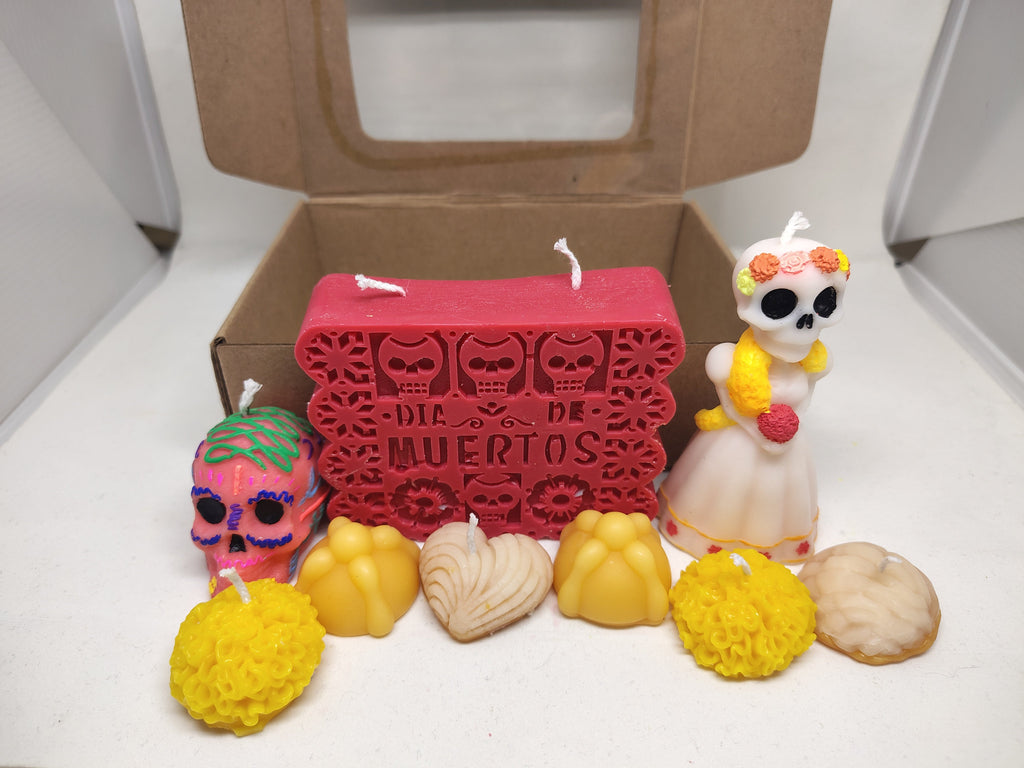 Día de Muertos kraft box candle set with sugar skull, Catrina, marigold and pan de muerto candles