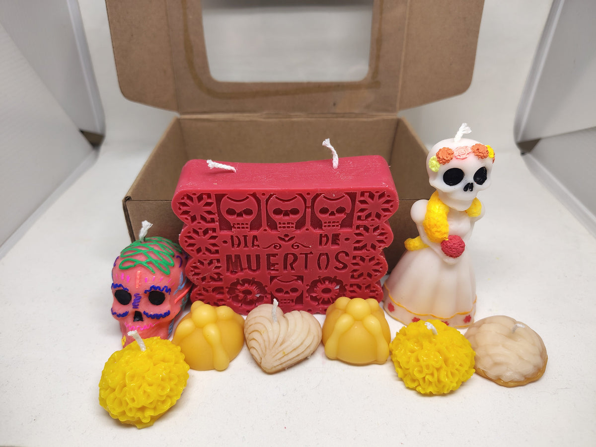 Día de Muertos kraft box candle set with sugar skull, Catrina, marigold and pan de muerto candles