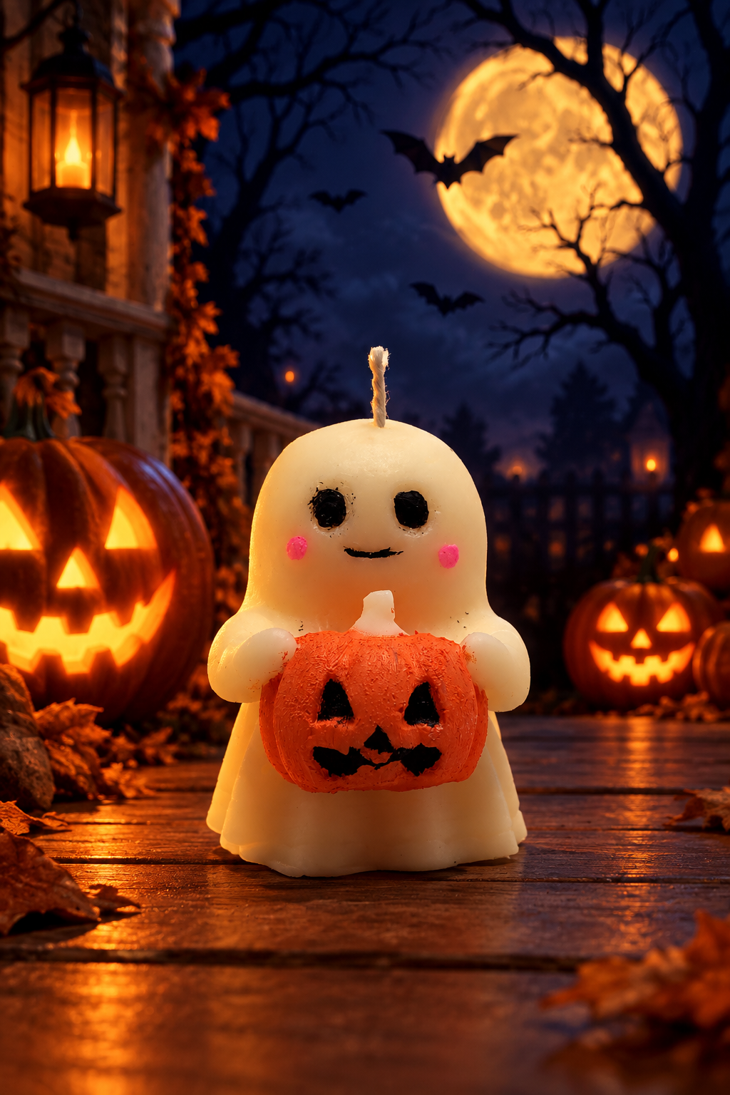 Ghost Holding Pumpkin Candle