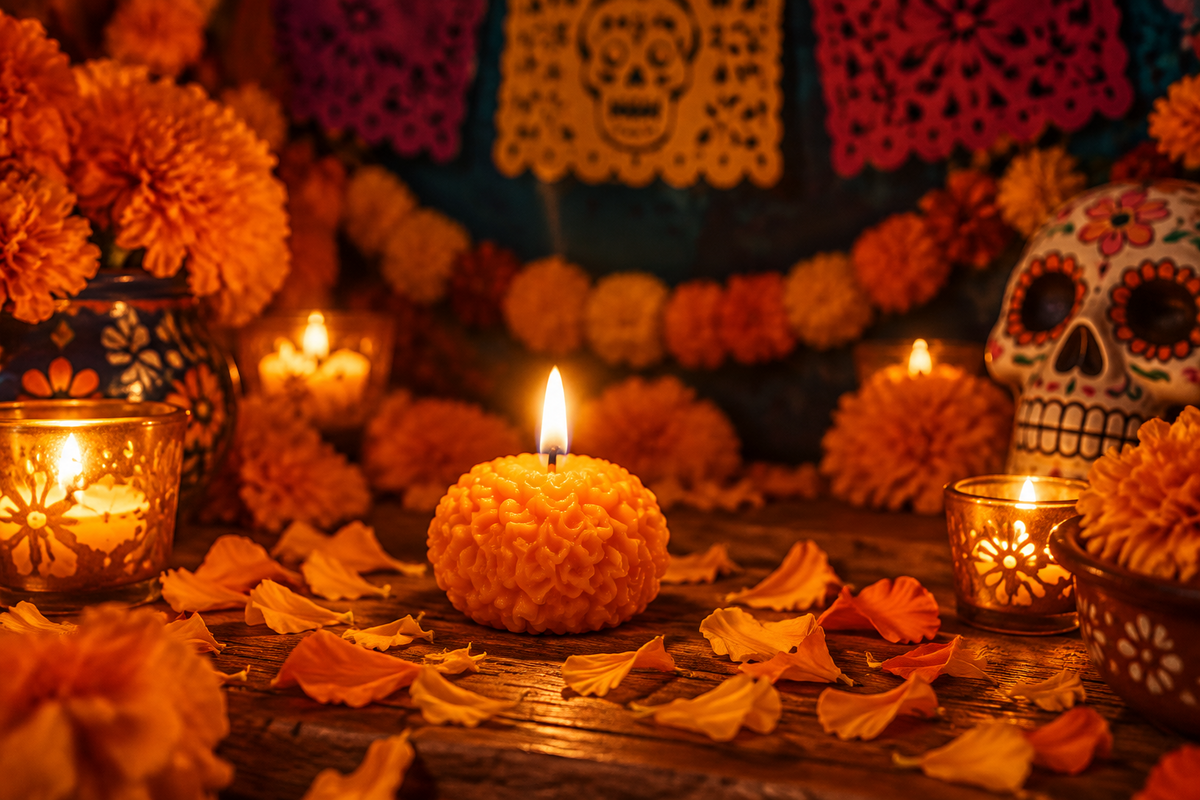 Vela Cempasúchil Chica – Small Orange Marigold Candle | Día de los Muertos
